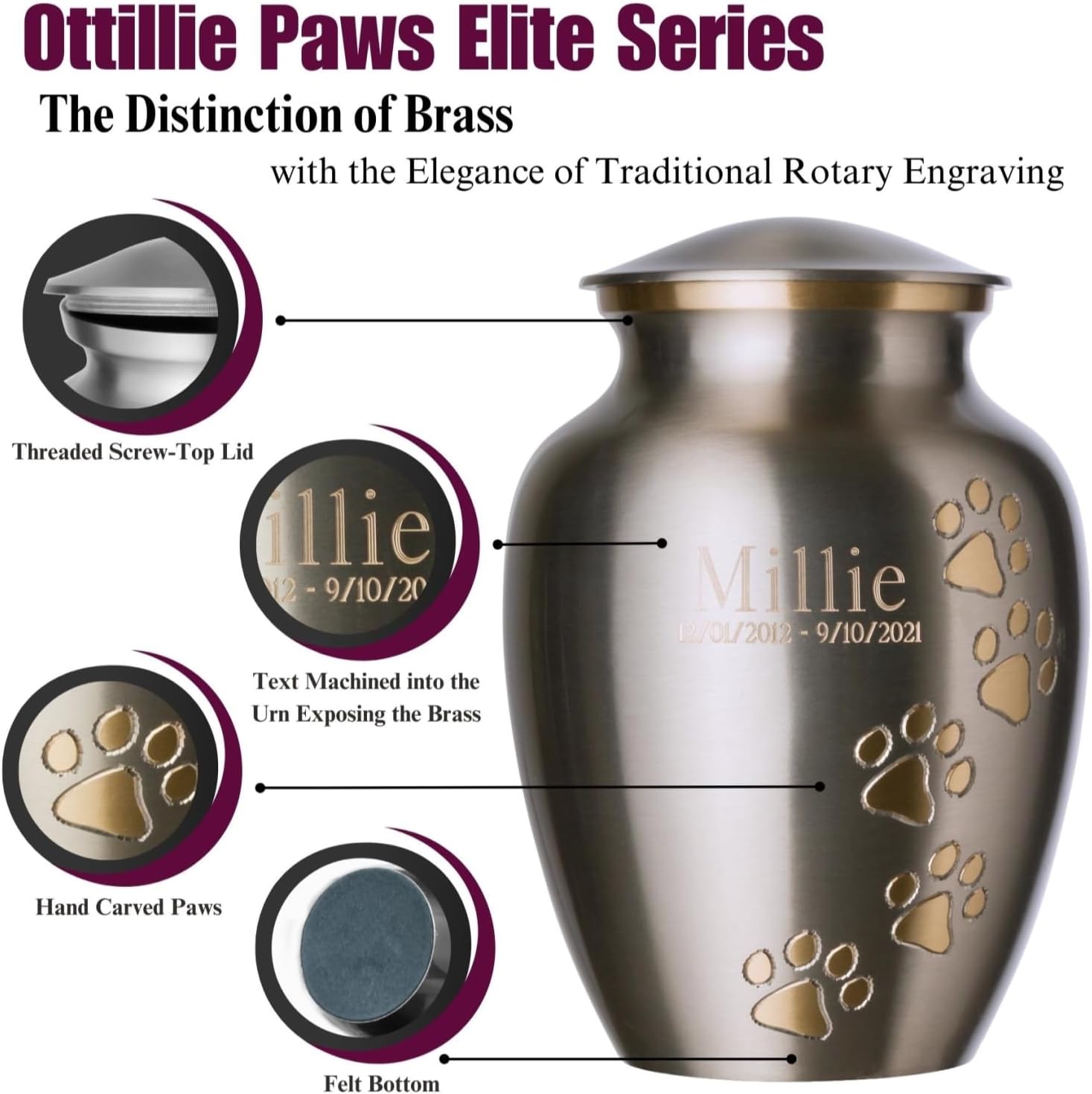 Ottillie Paws Elite Series Pet Urn for Dogs and Cats with Personalized Engraving (Small - Pets up to 25 lbs, Pewter, Vertical Brass Paws)
