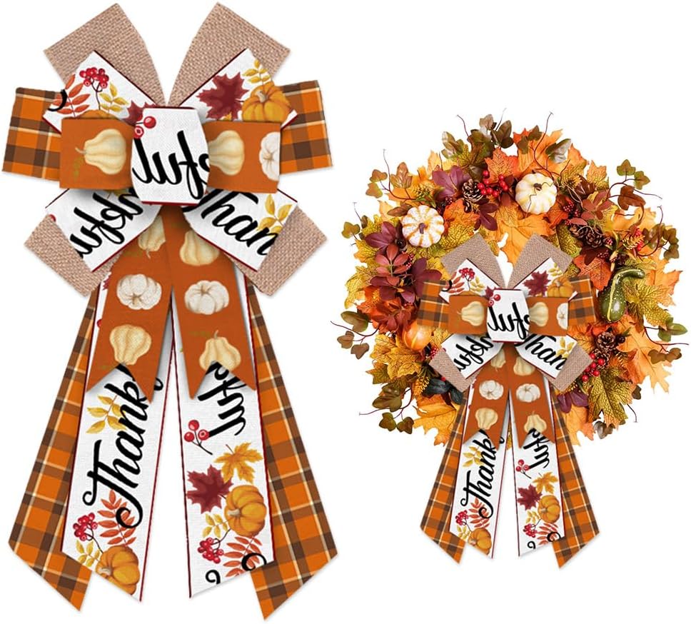 ALIBBON Large Fall Bows for Wreaths, Thanksgiving Wreath Bows, Super Bowl Bows, Green Brown Bows for Front Door, Football Party Supplies Decor, Burlap Bows for Wreath Indoor Outdoor Decor