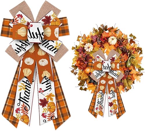 ALIBBON Lazos grandes de otoño para coronas, lazos de corona de Acción de Gracias, lazos de hojas de calabaza, lazos de búfalo naranja para puerta