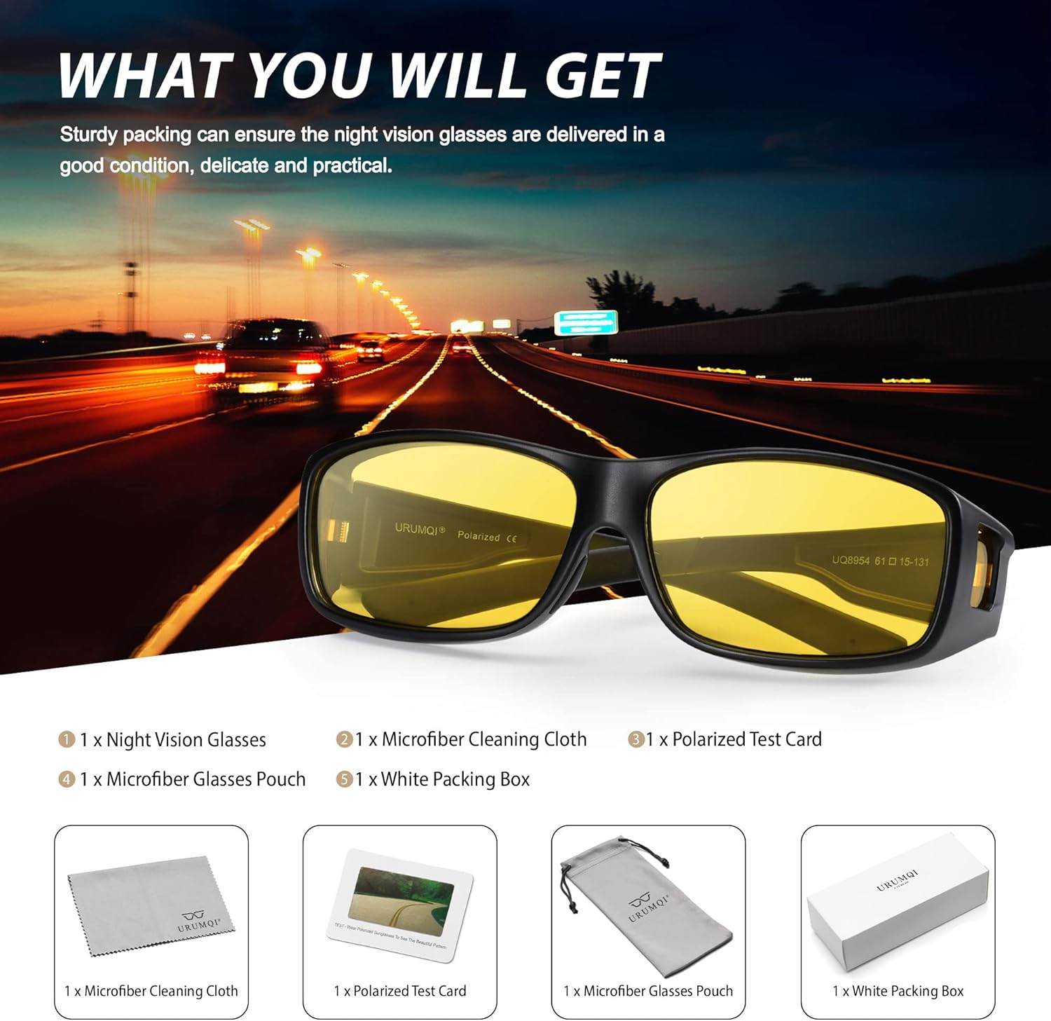 URUMQI Night Vision Driving Glasses Fit Over Eyeglasses for Men Women, Anti Glare Polarized Nighttime Glasses Yellow Lens - Image 7