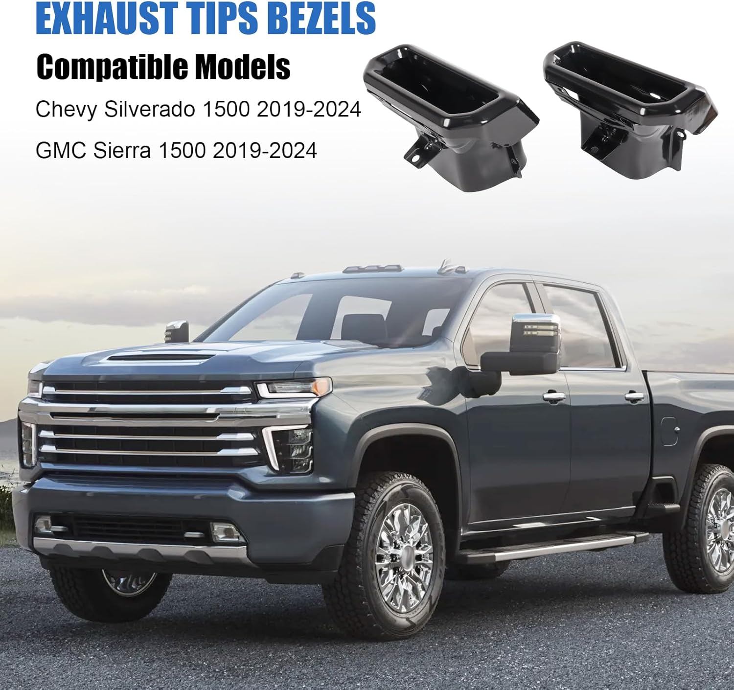 1 PAIR Exhaust Tips Bezels Black Replacement For Chevy Silverado, GMC Sierra, 1500 2019-2024, Replace 2253506 84434641 84434642