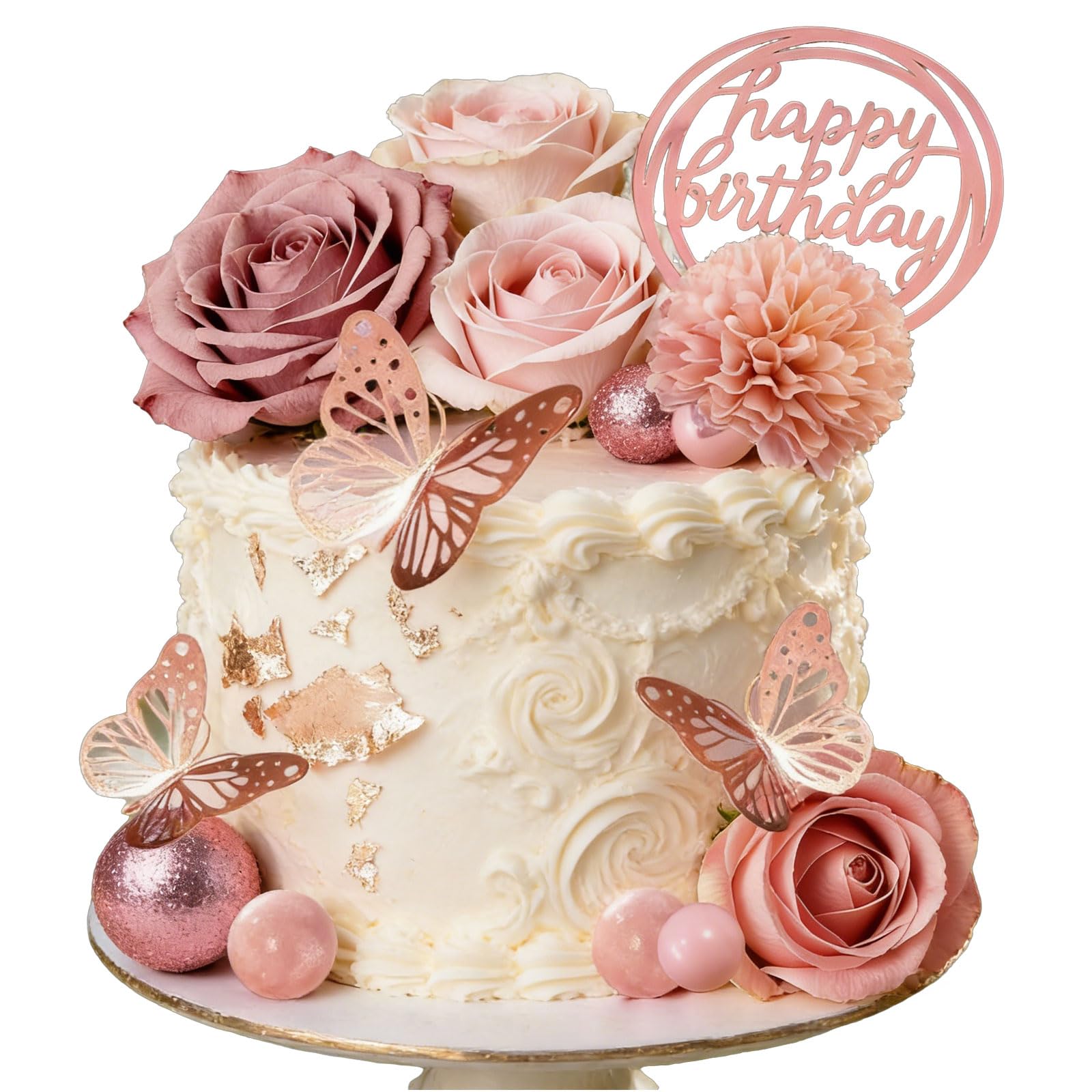 Floruvia Flower Cake Toppers, Rose Gold Happy Birthday Cake Decorations with Artificial Flowers, Butterflies & Ball Accents for Wedding, Baby Shower & Party