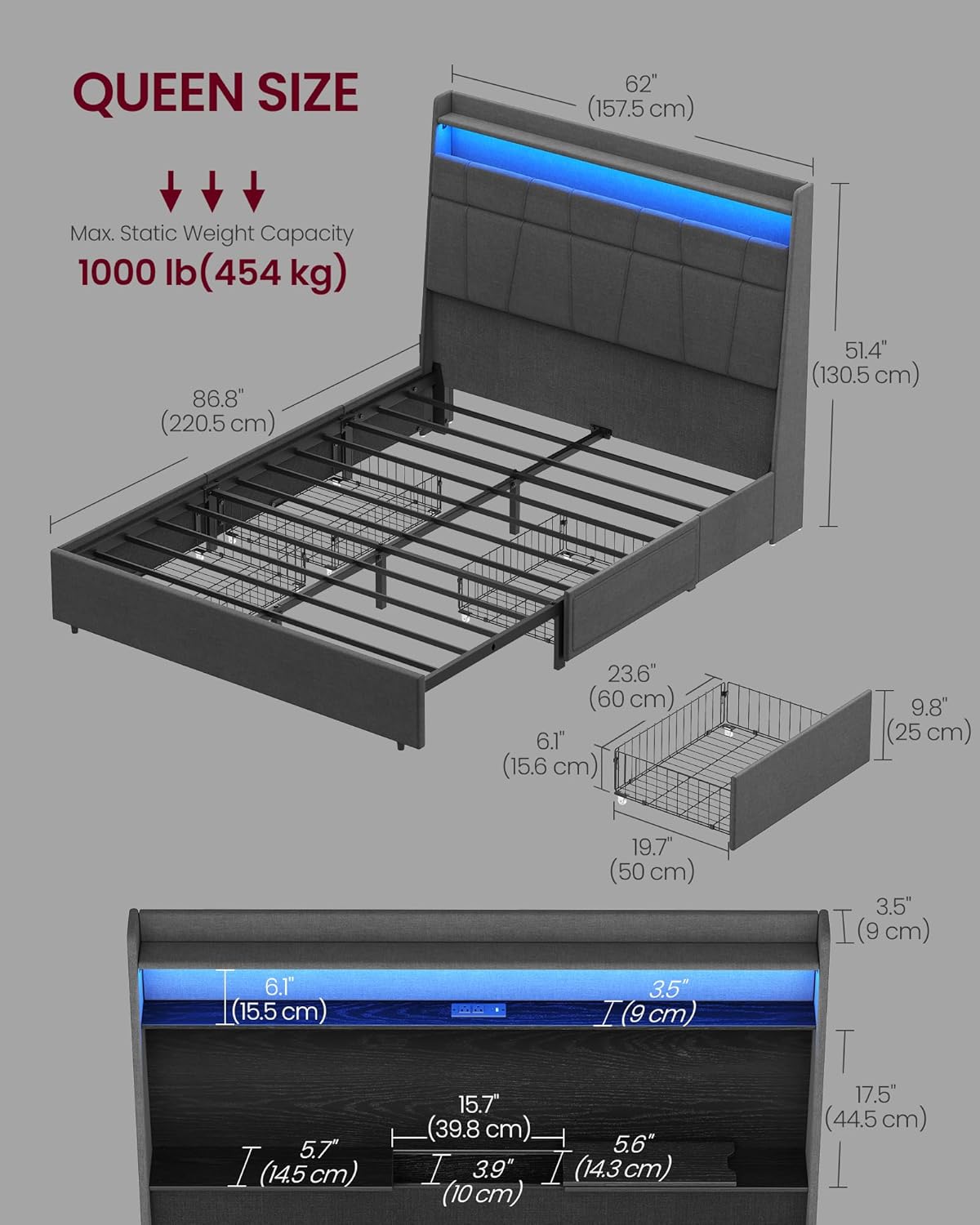VASAGLE Queen Bed Frame with 51.4 Inch Tall Storage Headboard, Bed Frame Queen Size with 4 Storage Drawers on Wheels, LED Lights, Charging Station, No Box Spring Needed, Modern, Dark Gray URMB891G02 - Image 2