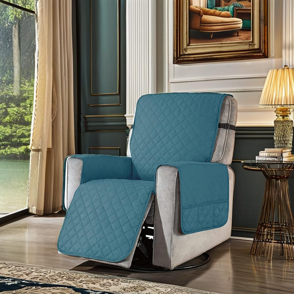 Louis Donné Reversible Recliner Chair Cover Quilted Furniture Protector for Dogs & Cats, Anti-Slip Washable Armchair Slipcover with Elastic Straps, Soft Microfiber for Living Room, (Lake Blue)