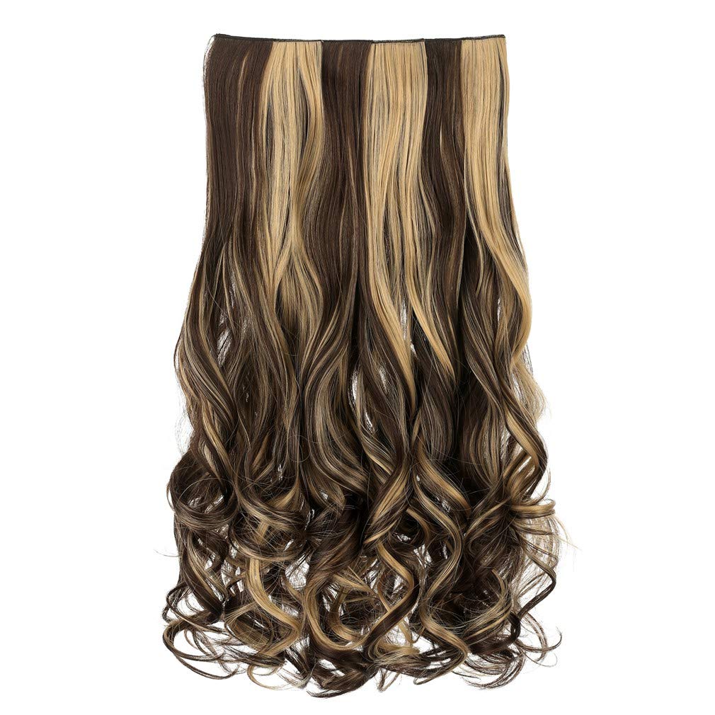 REECHO 20" 1-pack 3/4 Full Head Curly Wave Clips in on Synthetic Hair Extensions Hair pieces for Women 5 Clips 4.6 Oz Per Piece - Dark brown with light blonde highlights