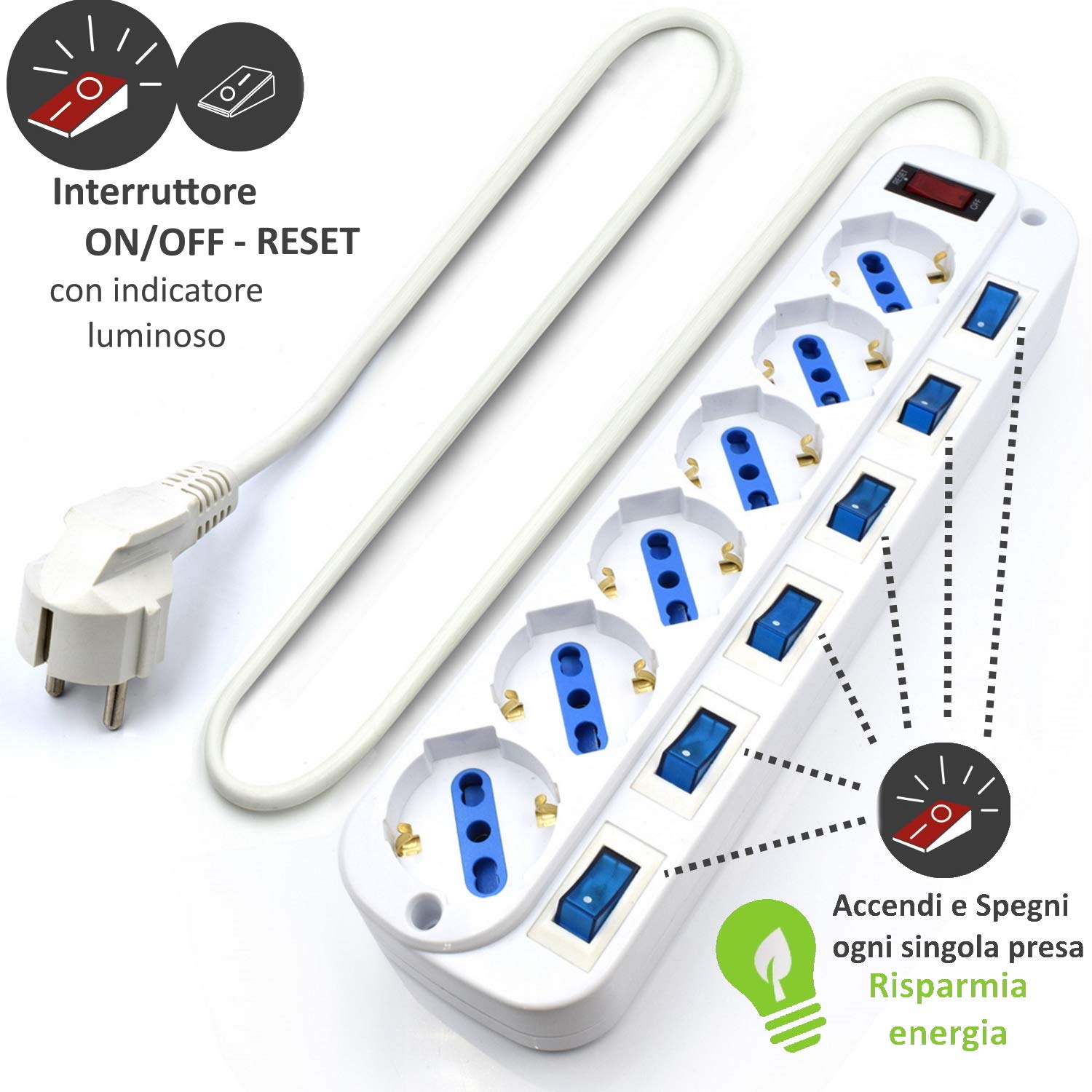 Multipresa a 6 Posti, Ciabatta Elettrica con 6 Prese Italiane e Schuko/Tedesche - Spina Schuko/Tedesca- Potenza 250V/2500W - Cavo da 3 Metri, Prese Angolate a 45° (Confezione da 2)