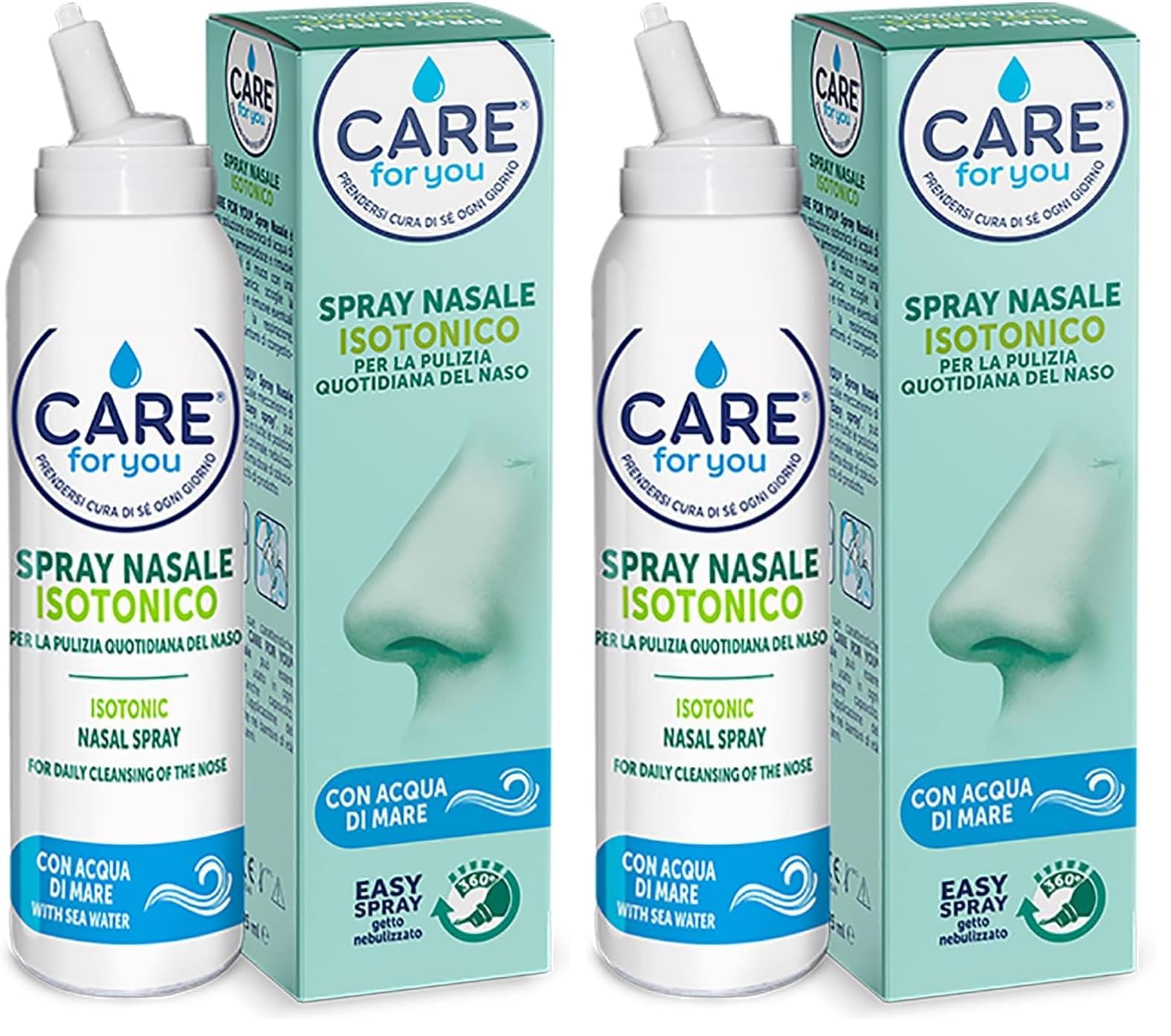 CARE for You, Spray Nasale Isotonico - Spray Lavaggi Nasali Nebulizzato, con Acqua di Mare Ricca di Oligoelementi, per la Pulizia Quotidiana Del Naso, 125 ml (Confezione da 2)