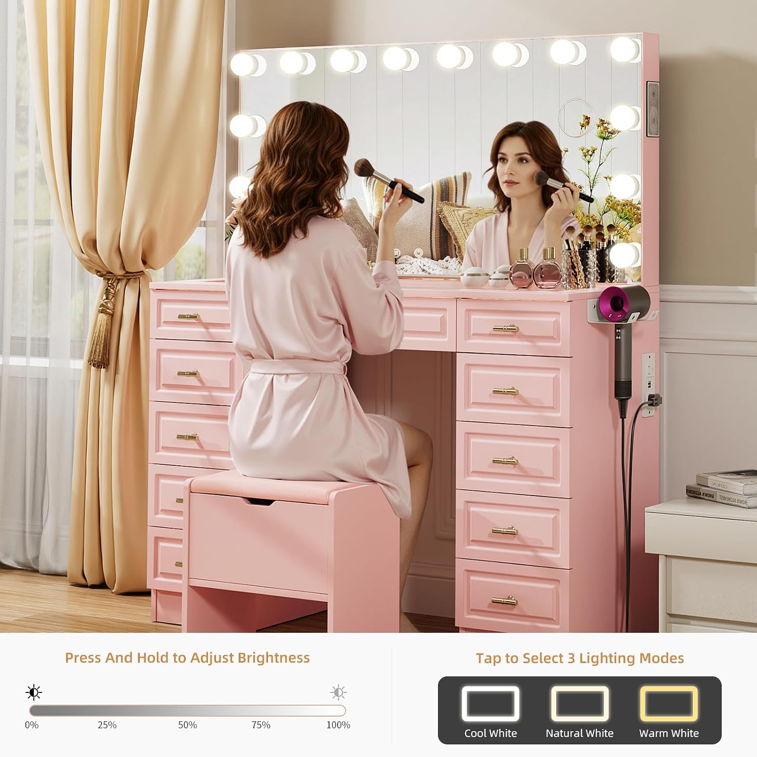 VOWNER Vanity with Lighted Mirror - Glass Top Makeup Vanity Desk w/Bluetooth Speaker, 14 Lights and 11 Drawers, 3 Color Lighting Modes Adjustable Brightness, Makeup Desk with Outlet for Bedroom, Pink