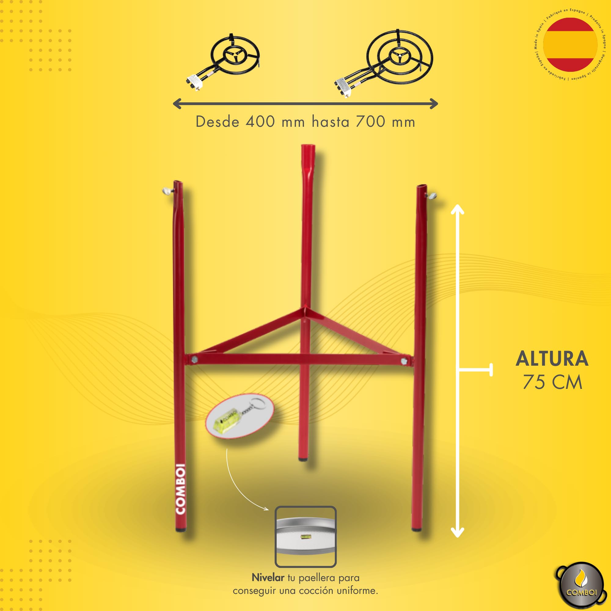 COMBOI Kit Paellero Pro-E 53 cm, Bruciatore a gas butano-propano, Paellera smaltata 70 e 42 cm, Regolatore, Tube, Gambe rinforzate, Livello, Grembiule, Libro ricette digitali