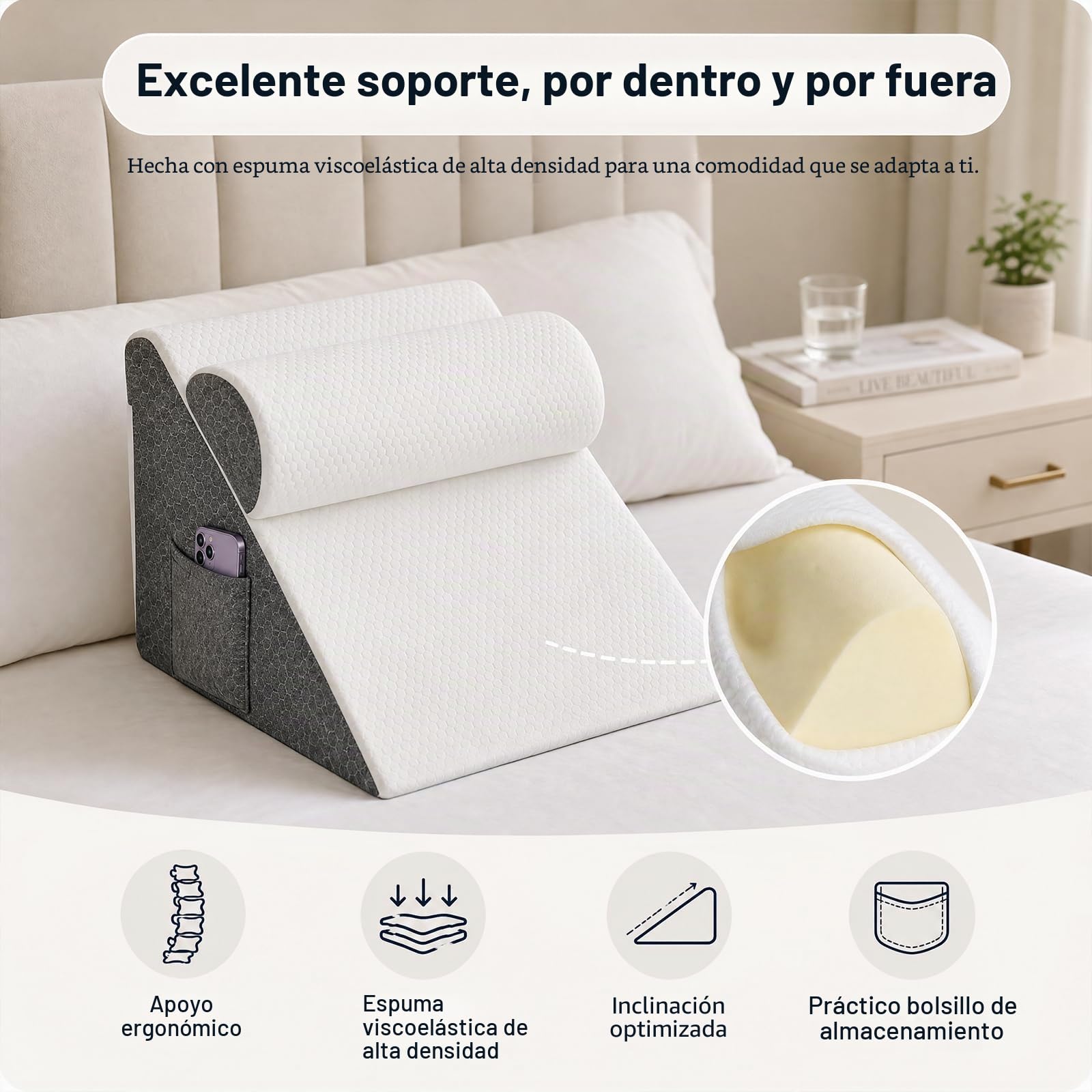 Cojín Ortopédico Triangular, Inclinable, 3 en 1, Viscoelástica | Funda de Algodón Extraíble, Gris-Blanco, 50x50x26 cm, Ideal para Cama, Espalda y Lectura, Alivio de Presión