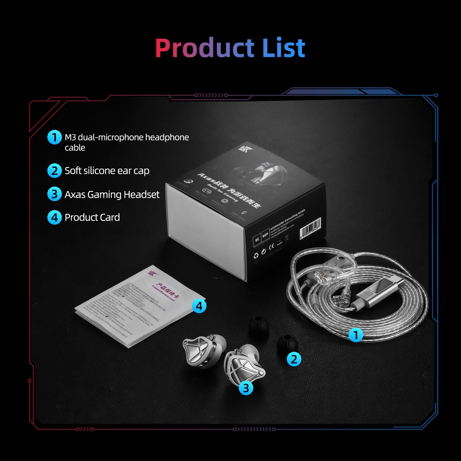 KZ AXAS Słuchawki douszne do gier, douszne monitor dla graczy FPS, słuchawki HIFI z mikrofonem, odpowiednie zarówno do gier, jak i do muzyki, 4 tryby EQ, słuchawki IEM z odłączanym kablem OFC 2Pin