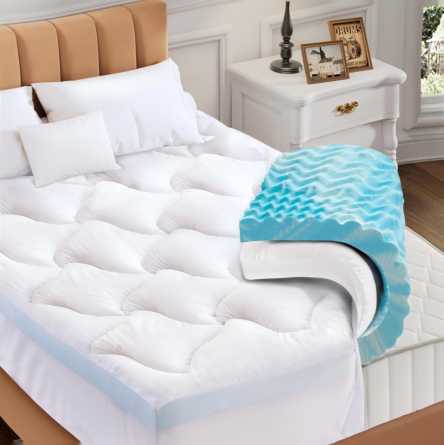 Pillow Top 4 Inch Memory Foam Mattress Topper Queen, 2 Inch Cooling 5-Zone Gel Memory Foam Plus 2 Inch Down Alternative Pillow Top Mattress Topper, Support for Back Pain