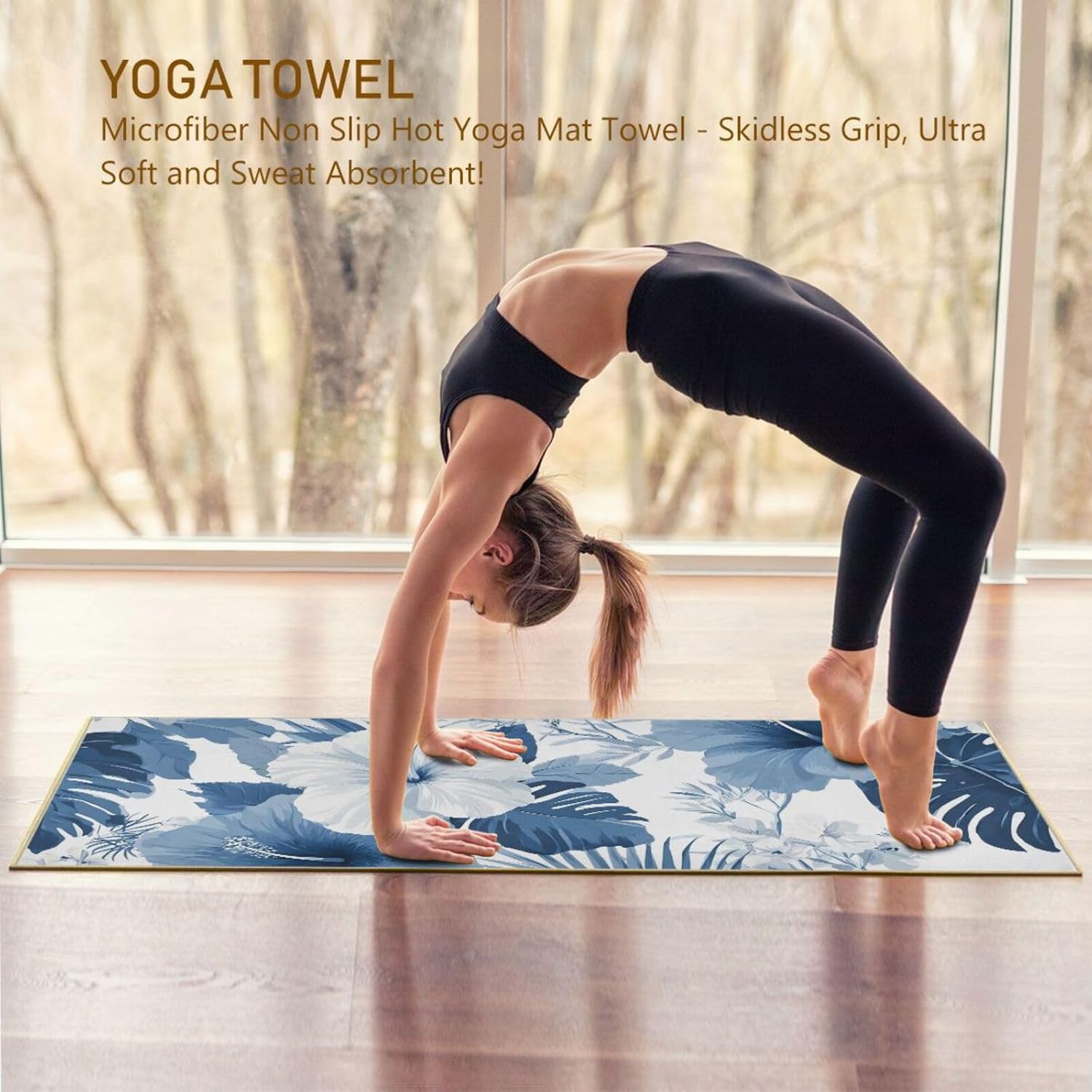 Botanical Blue White Yoga Mat Towel with Silicone Grip Dot – 73"x27" Non-Slip Sweat Absorbent Microfiber Yoga Towel for Home Gym Studio