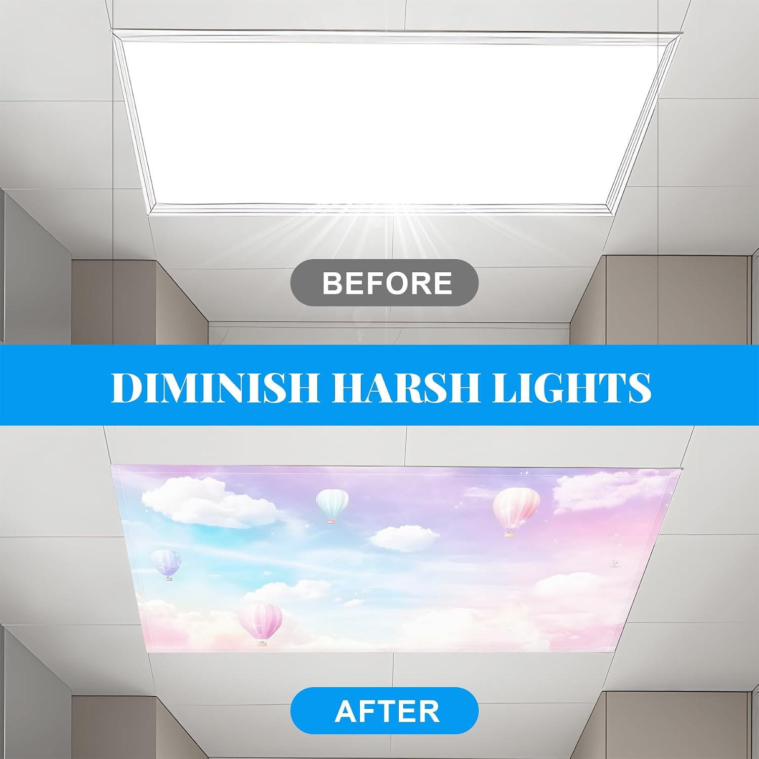 Fluorescent Light Covers-2 Pack 4 x 2 Feet Magnetic Ceiling Light Cover Room Supplies (Hot Air Balloon)