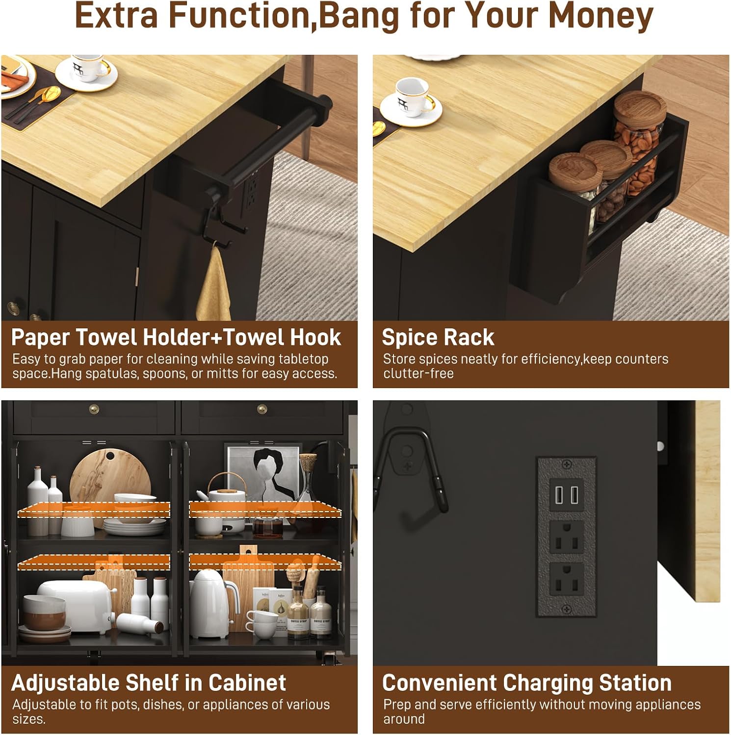 Kitchen island showing power outlet, spice rack, and towel holder