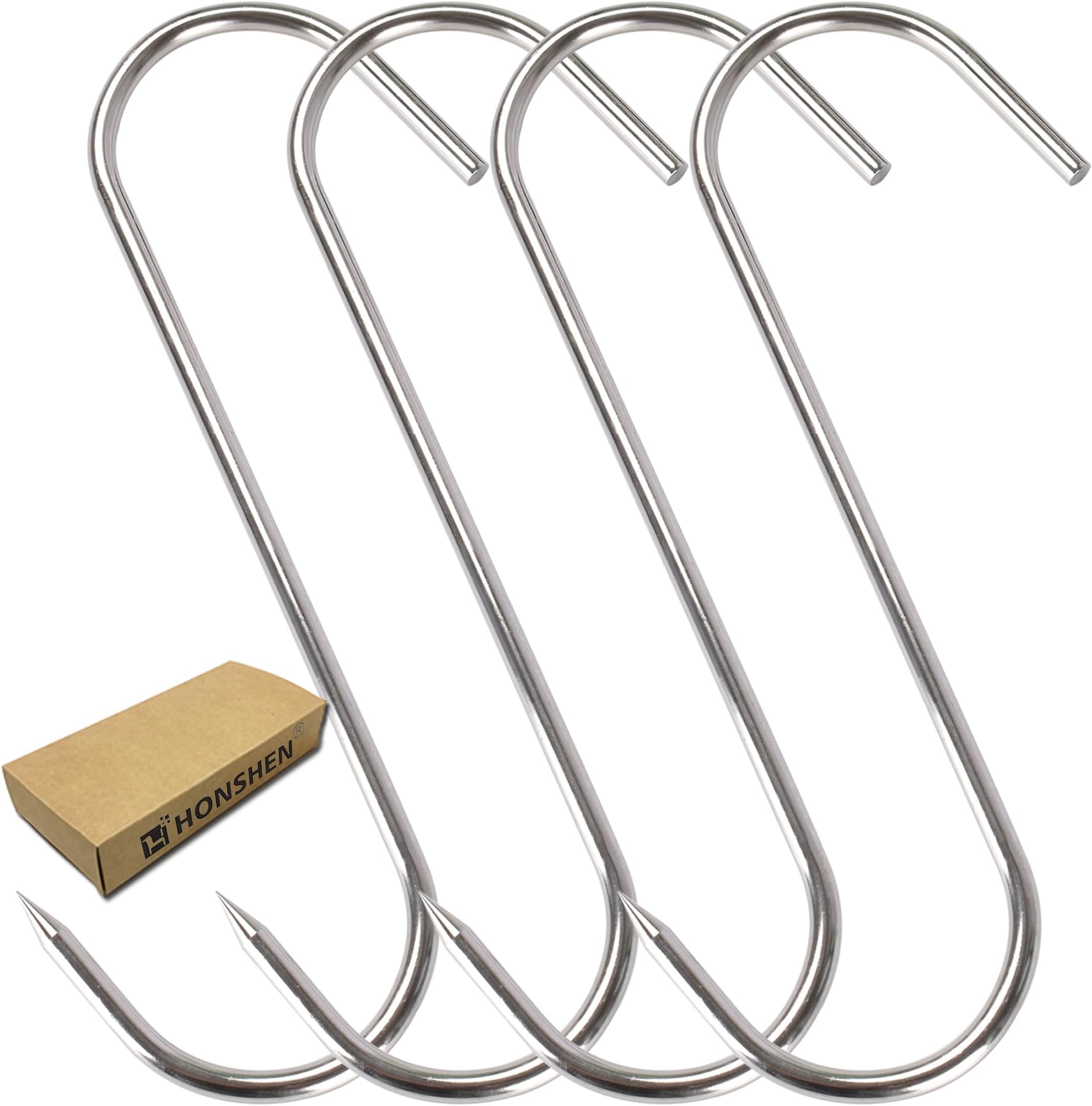8 Inch Meat Hook S-Hooks HONSHEN Stainless Steel Meat Hooks for Hanging Processing Butcher Hook 4Pack (Meat Hooks 6mm 8inch)