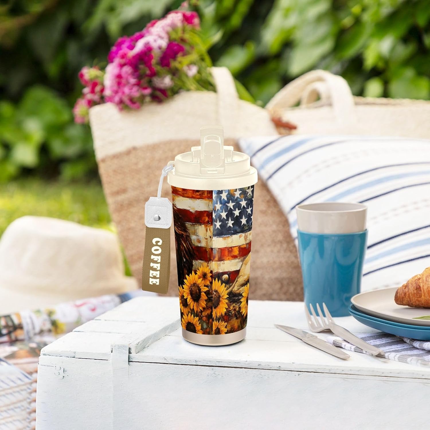 Insulated Coffee Mug Lion America Sunflower with Straw & Flip Lid, 16.9oz Iced Tumbler Cup, Double Wall Vacuum Mug for Travel Office Camping