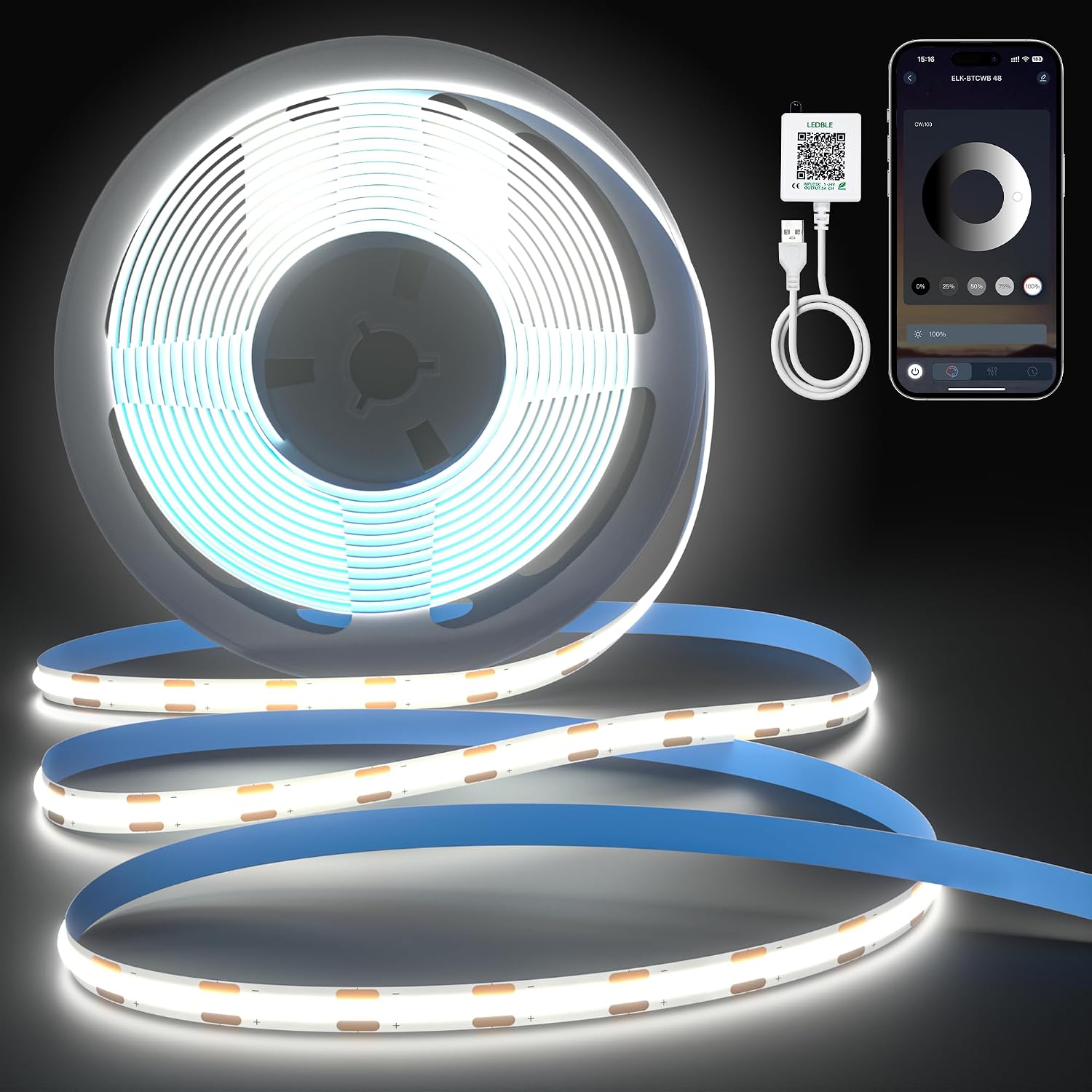 Cozylady COB LED Strip LED Light Strip 3000K-6000K, 5V dimmable LED bar, with Remote Control and Power Supply, Suitable for Home Interior Decoration, Kitchen, Mirror. (2m Cold White)