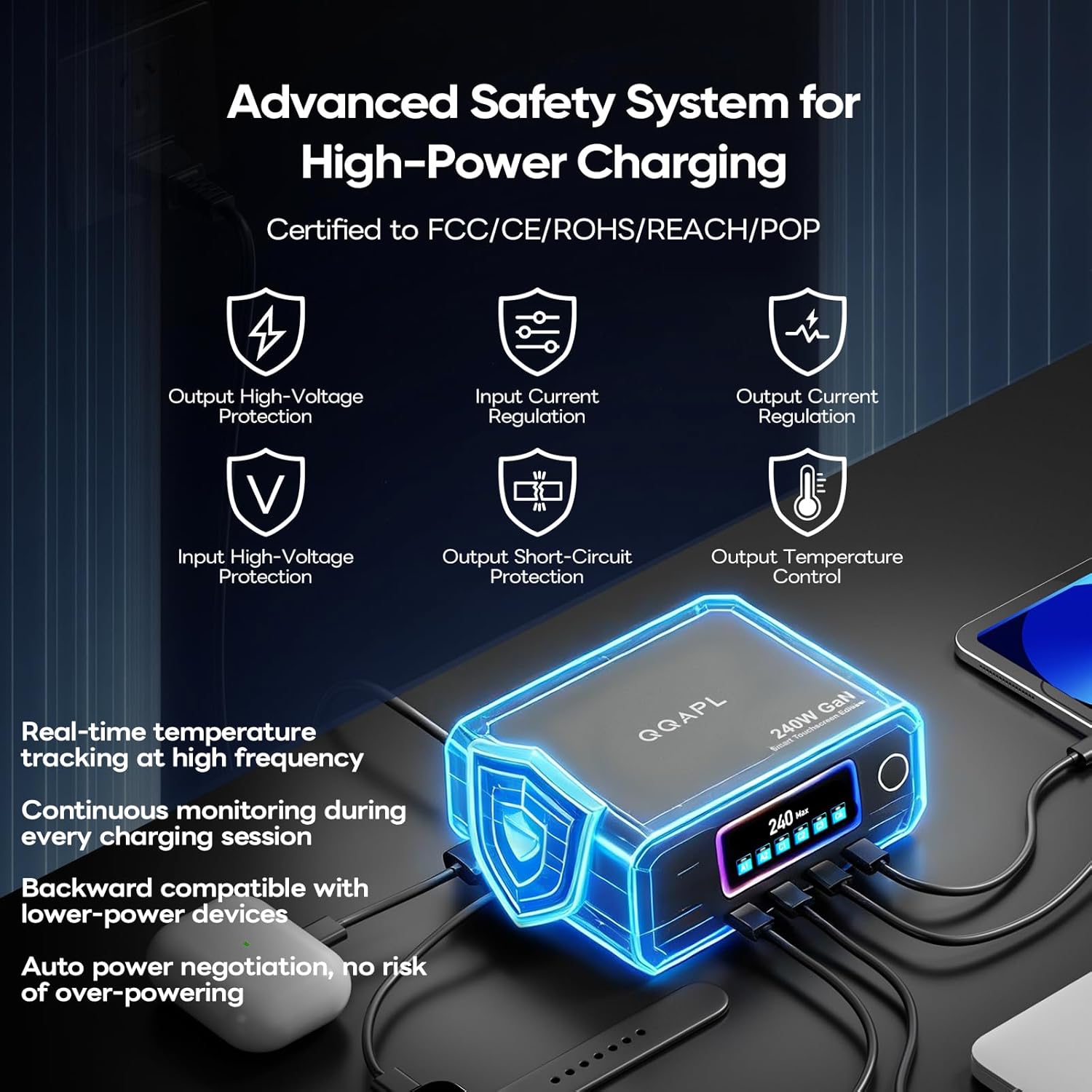 USB C Charging Station, 240W 6-Port GaN Desktop Charger, 2.26" LCD Smart Display Touch Control, Compatible with iPhone, Galaxy, MacBook, Dell for Home Office, Gaming Desk Accessories