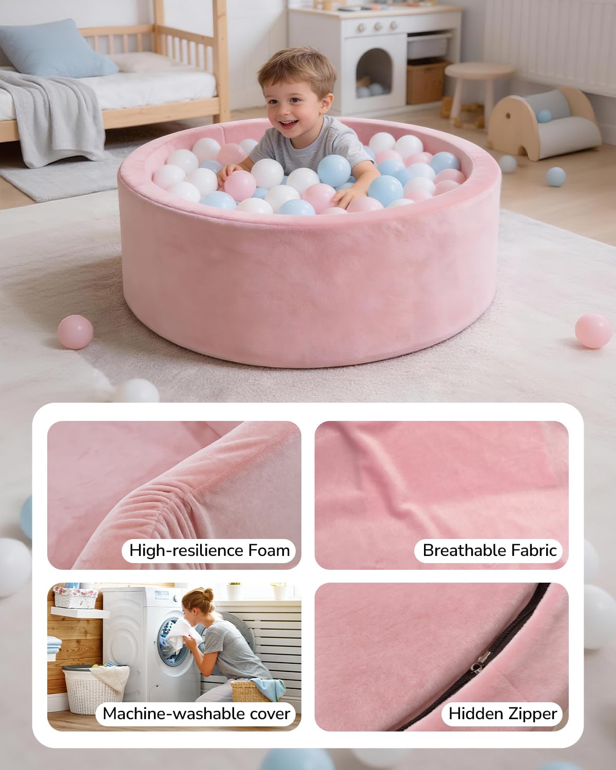 Piscina di Palline per Bambini, Piscina Morbida in Schiuma Rotonda, 90 x 30 cm Area Giochi Soft Play (Palline NON incluse), Rosa