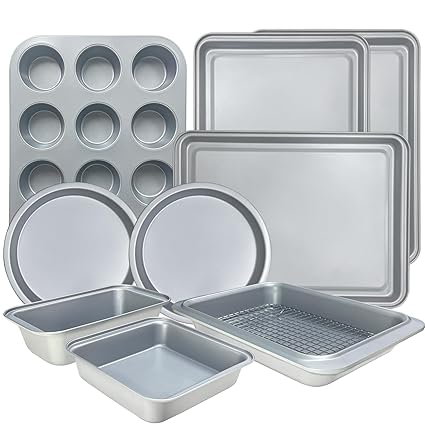 Baking Pans Set with Nonstick Coating, Professional Ultrathick Bicolor 10 Pcs Including Cake Pans, Cookie Sheets, Roasting Pan, and Cooling Rack - 0.8mm Thick, Dishwasher Safe, and Heavy Duty