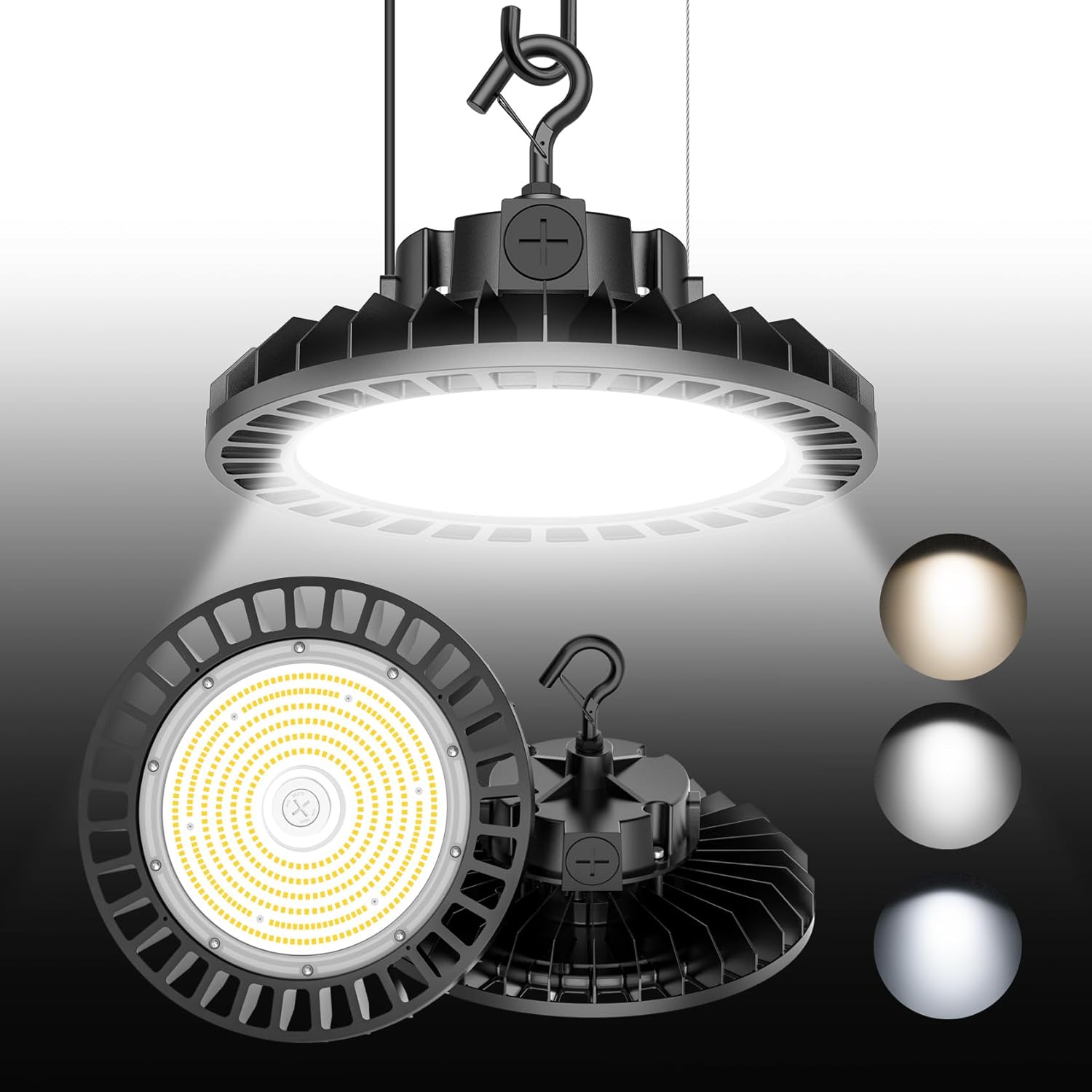 BBESTLED LED High Bay Lights, 200W UFO High Bay LED Shop Lights, 30000LM Adjustable CCT(5700K 5000K 4500K) & Power(200W 150W 100W), 0-10V Dimmable, 5' Cable Plug, IP65 Waterproof, ETL Listed High Bay