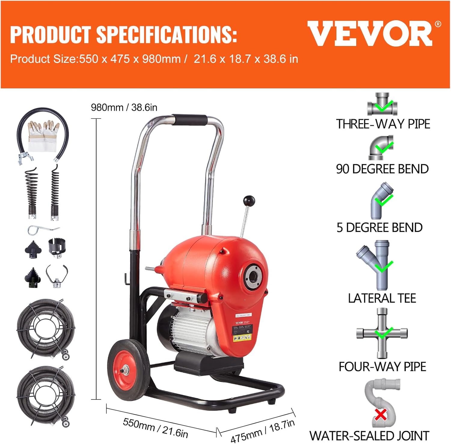 Diagram showing VEVOR drain cleaner machine dimensions and compatible pipe types