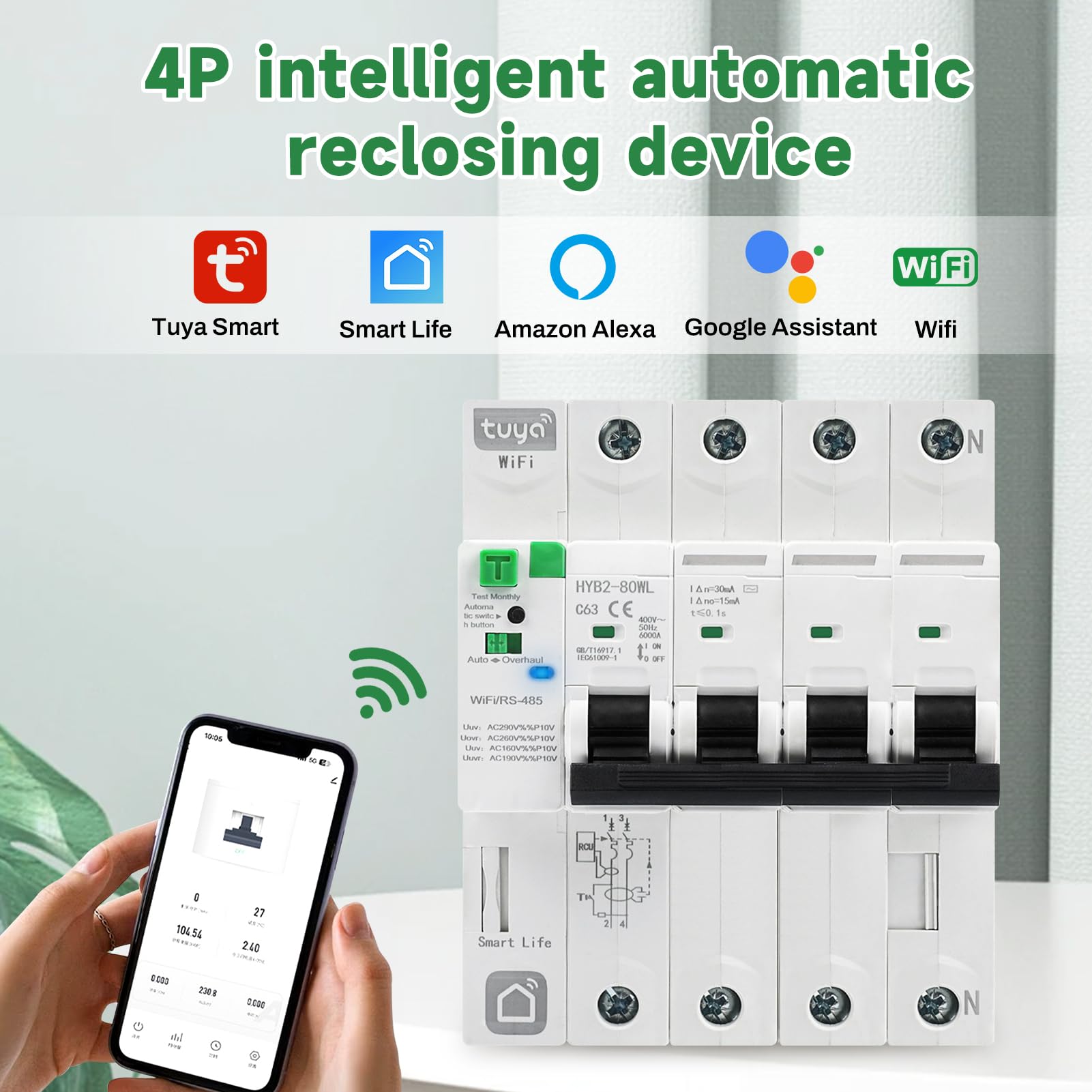 Interruttore magnetotermico differenziale wifi Salvavita 63A 4P 30ma tuya/Smart Life APP Recovery Reclosing Protezione dalle perdite richiudibile Protezione dalle perdite per sottotensione.