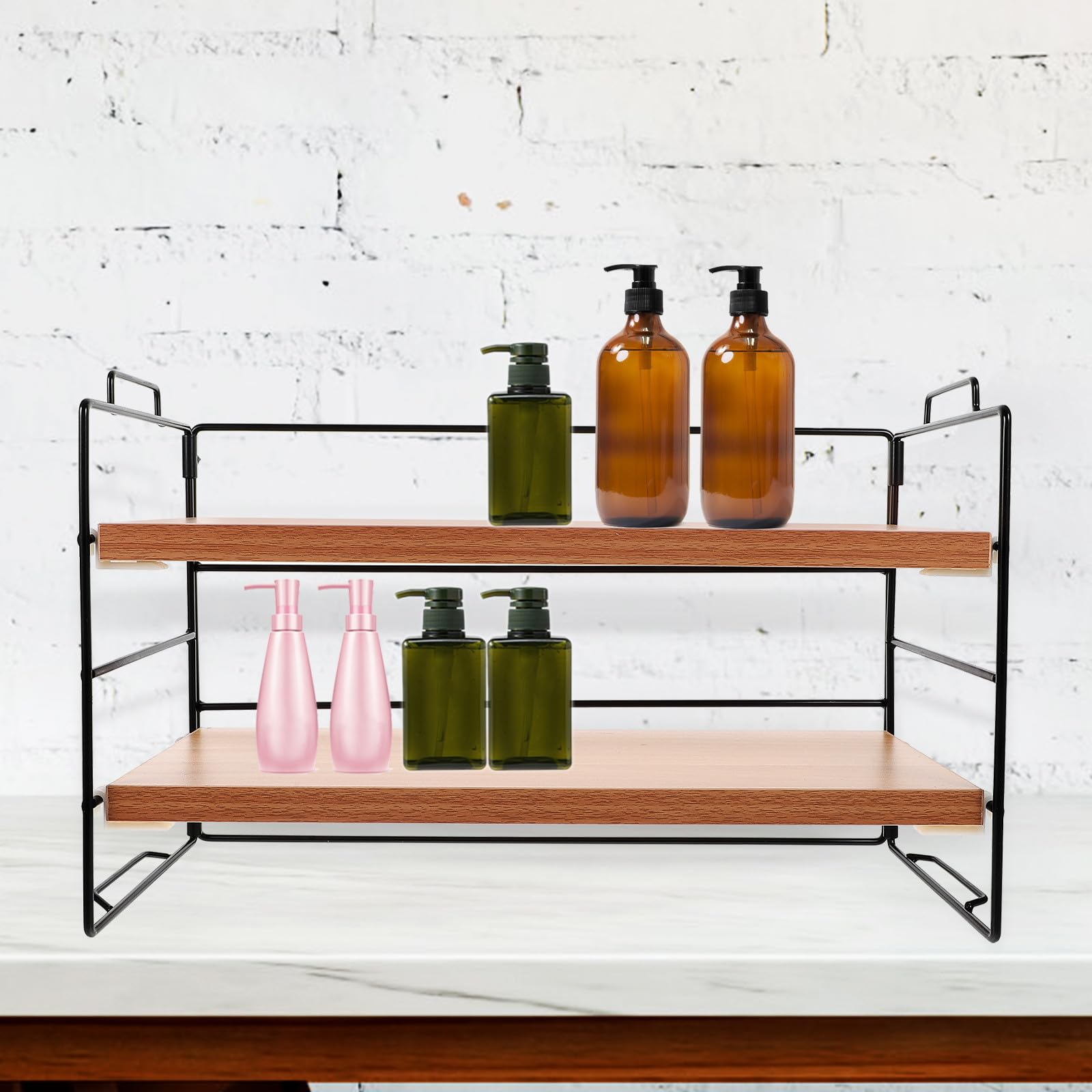 CHILDWEET Organizer Trucchi da Appoggio, Organizer Cosmetici 2 Livelli in Ferro e Legno, per Bagno e Toeletta, per Cosmetici e Articoli da Toilette