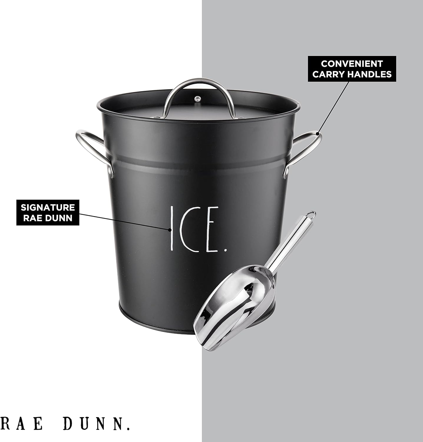 Rae Dunn Ice Bucket with Scoop - Stainless Steel Bucket with Handle, Lid and Ice Scooper - 4 Qt. Storage Bin for Ice Cubes for Bars, Parties, Backyard Barbeques, Picnics, and Camping (Black)