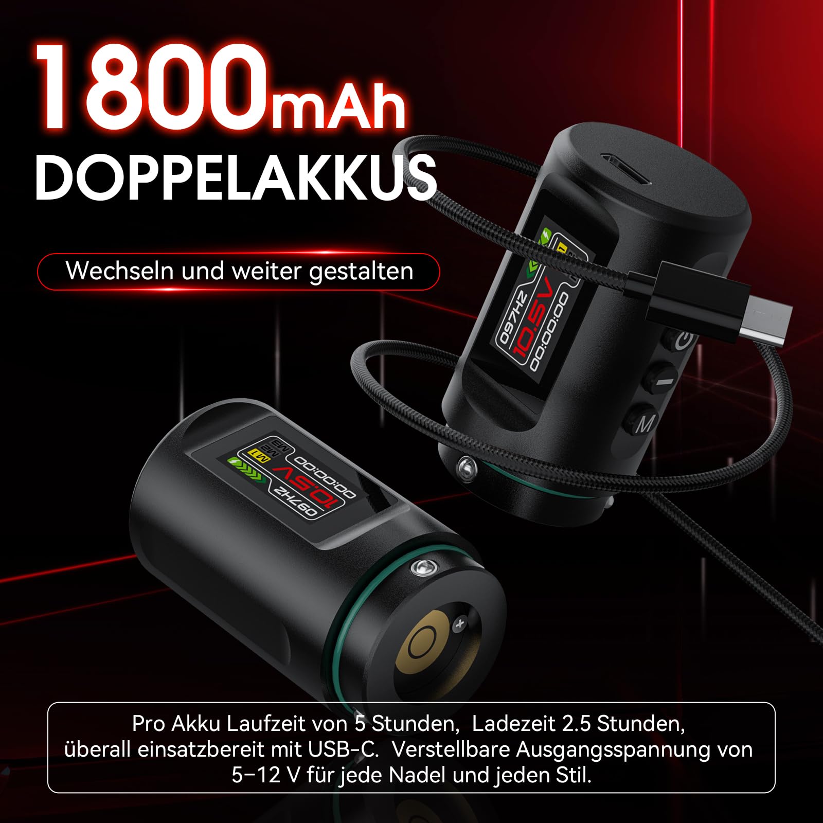 RHEIN Kabellos Maschine Set mit 2 Akkus à 1800 mAh Komplettes Zubehör Set | 7 Einstellbarer Hub Speicherfunktion Zeitmessfunktion Handkoffer 20 Nadeln 7 Farbe