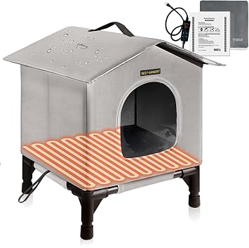 Rest-Eazzzy Heated Cat House for Outdoor Cats, Waterproof, Fully Insulated Shelter for Stray and Feral Cats, Great for Cat Houses for Outdoor Cat and Cat Beds for Indoor Cats Grey-Heat, Small