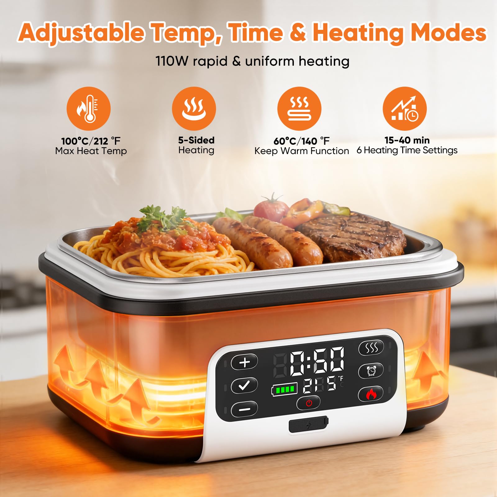 Fiambrera Eléctrica con Batería, 1,5L Taper Eléctrico para Comida Portátil, Tupper Calentador para Comida con 6 Modos de Calentamiento & Temporizador 24H, caja de almuerzo con calefacción programable