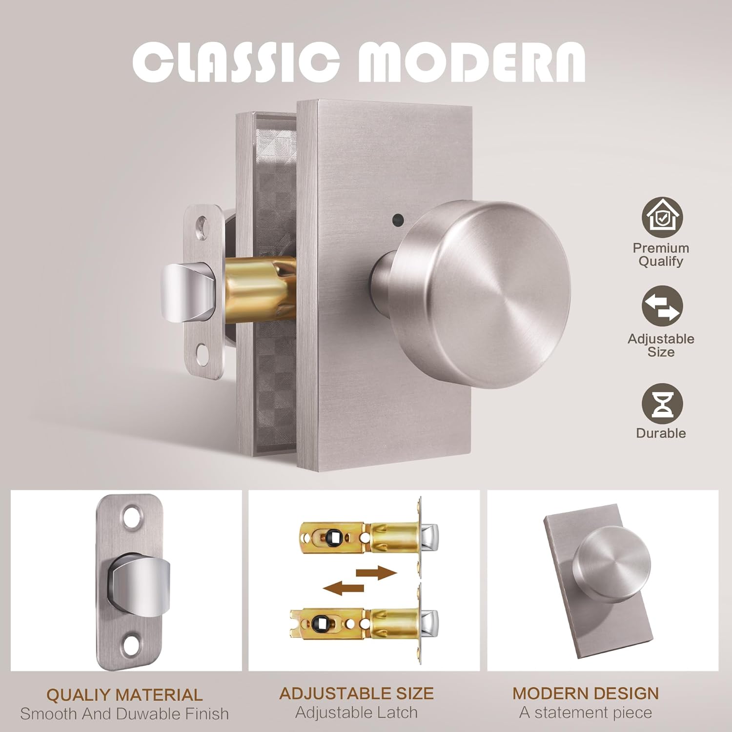Brushed Nickel Zinc Alloy Privacy Door Knob with Lock, Heavy-Duty Round Handle with Rectangle Frame, Bedroom Bathroom Interior Quick Installation Lock Set, 1 Pack