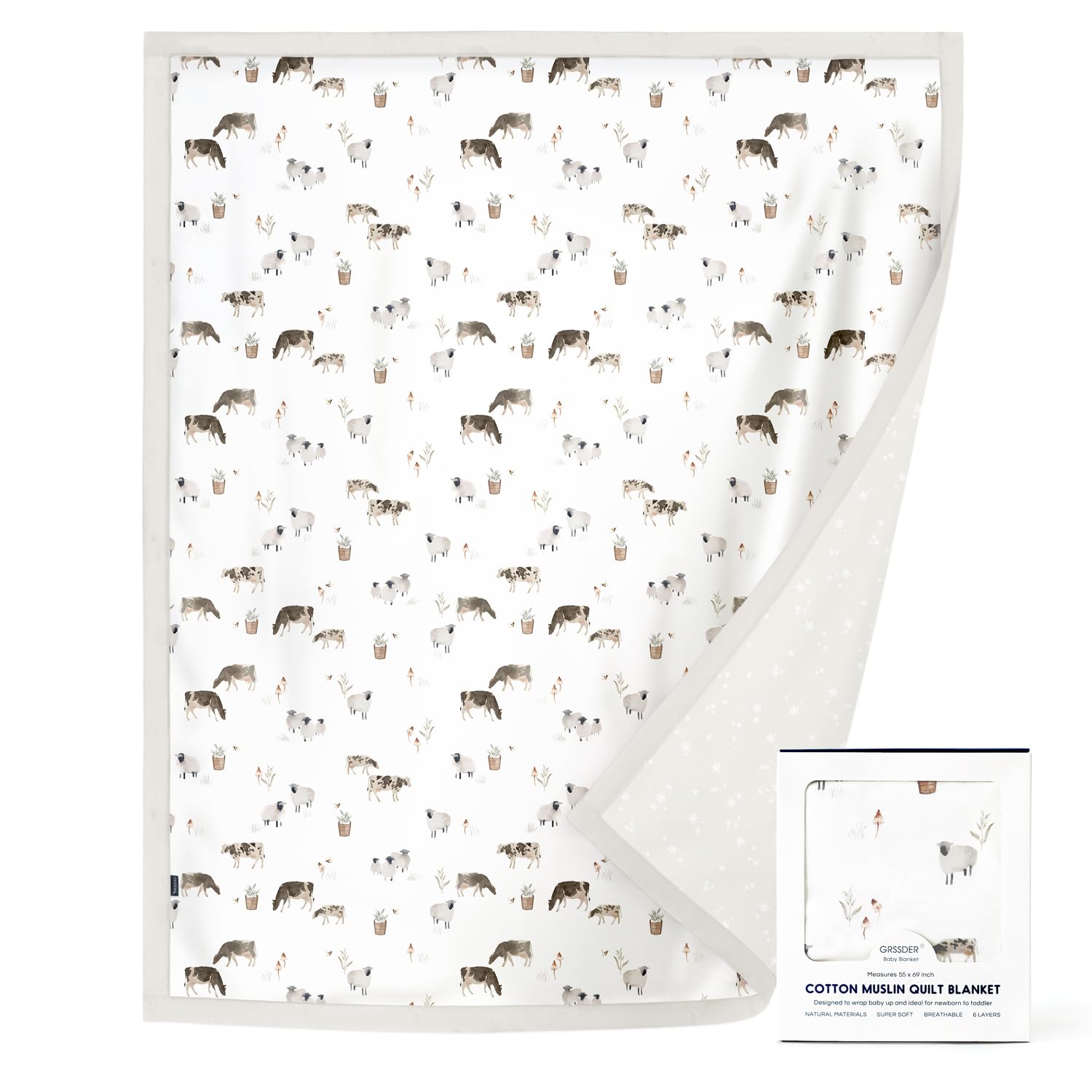GRSSDER Cotton Muslin Quilt Blanket - Silky Soft and Breathable Kids' Throw Blanket, Oversized Muslin Blankets for Newborns, Toddlers &amp; Kids, 6 Layers Reversible Design for All Seasons, 55" x 69"