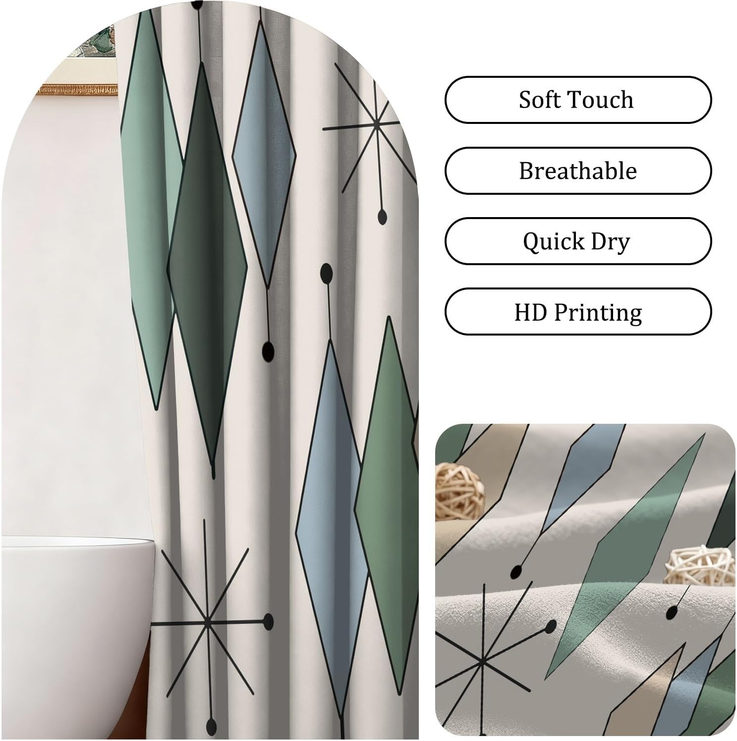 Mid Century Modern Shower Curtain Abstract Atomic Starburst Diamond Geometric Pattern 1950s 1960s Retro Shower Curtain for Bathroom Waterproof Fabric Bathtub Curtains Set with Hooks,72x84inch