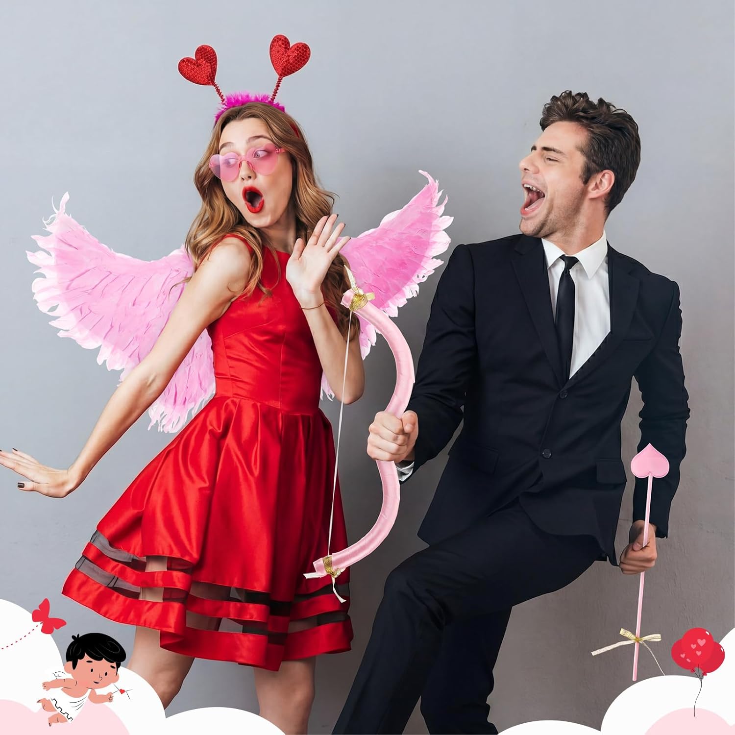 Coume Valentine Cupid Costume Accessories Set for Women Kid Angel Outfits Bow Arrow Heart Headwear Sunglasses Feather Wings - Image 5