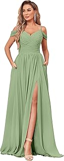 Off The Shoulder Bridesmaid Dresses with Pockets Ruched Chiffon Long Slit Formal Evening Gown - Buy now