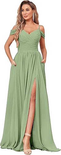 BOLENSYE Off The Shoulder Bridesmaid Dresses with Pockets Ruched Chiffon Long Slit Formal Evening Gown
