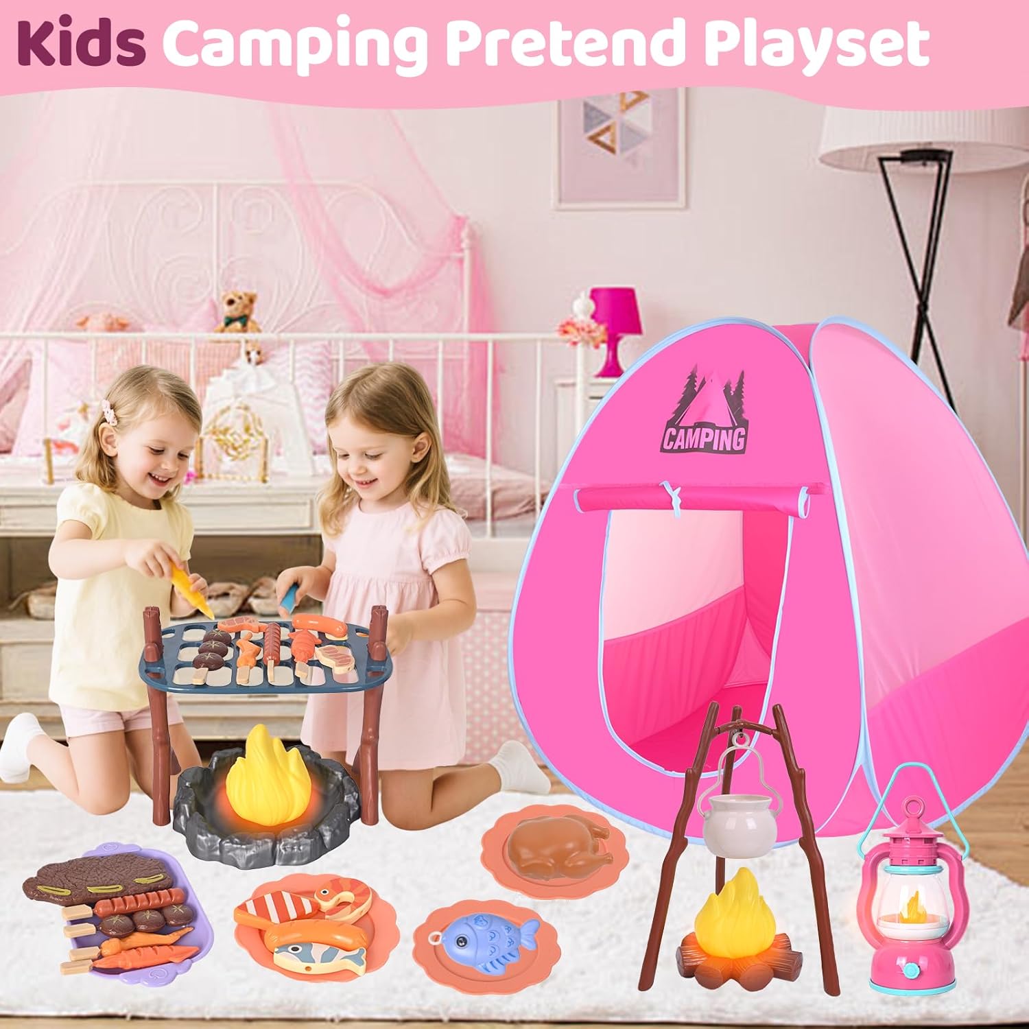 Camping Set Toys with Pop up Tent Pretend Play Indoor Outdoor Camping Playset,Christmas Birthday Gifts for Toddlers Kids Girls 3-5 Years Old