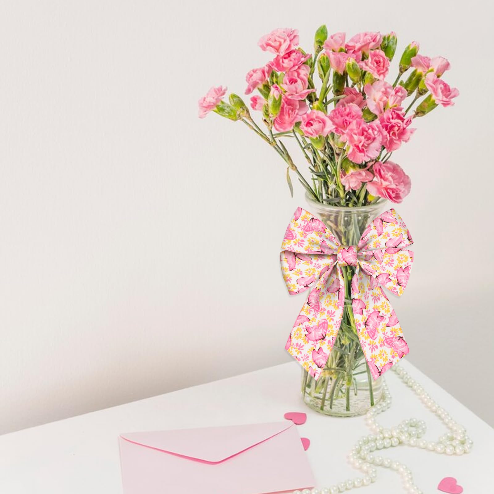 Threetols 2 Rolls Floral Wired Edge Burlap Ribbon - 2.5 Inch Wide, 10 Yards Total, Pink Tulip & Green Stripe