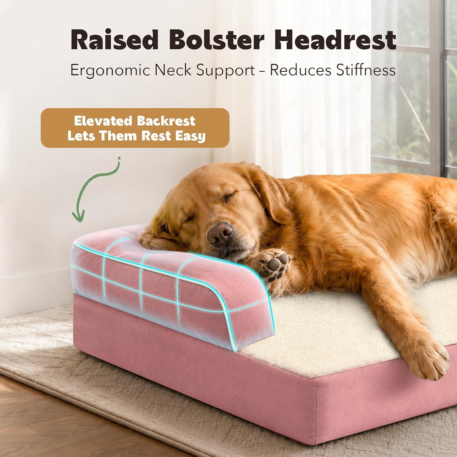 Orthopedic Washable Dog Bed with Bolster for Medium to Large Dogs | Pillow Support for Neck Relief, Egg Crate Foam, Waterproof Liner, Anti-Slip Bottom, Removable Bolster Cover, 36 x 27 Inch