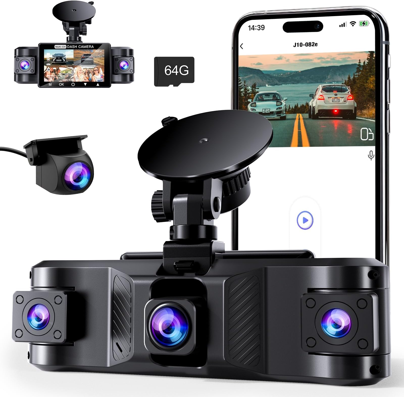 4 Channel 2.5K Dash Cam Front Rear Left Right, 170° Wide Angle Car Dash Camera with 5GHz WiFi & App Control, G-Sensor, Super Night Vision, 24H Parking Monitor, Loop Recording, 64GB SD Card Included