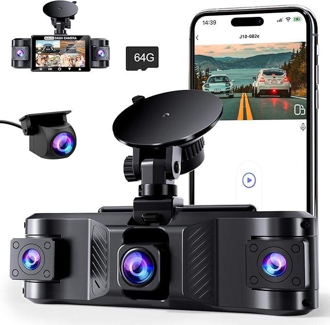 4 Channel 2.5K Dash Cam Front Rear Left Right, 170° Wide Angle Car Dash Camera with 5GHz WiFi & App Control, G-Sensor, Super Night Vision, 24H Parking Monitor, Loop Recording, 64GB SD Card Included