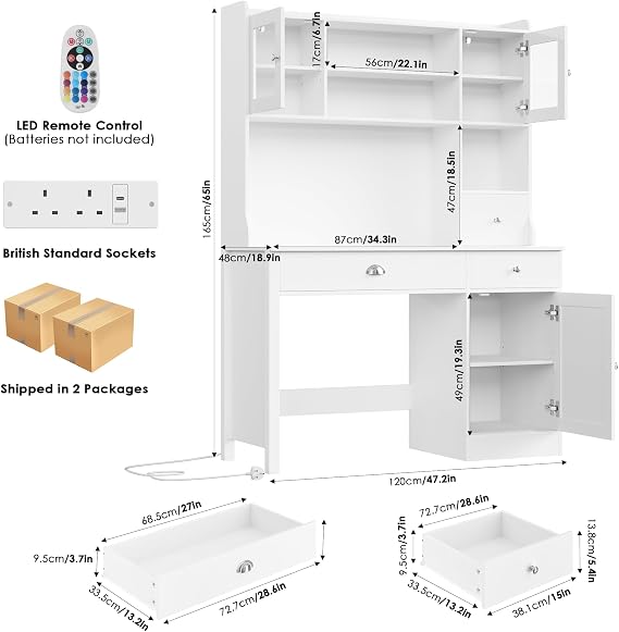 FirFurd Computer Desk with Drawers White Desk with Storage Shelves & Power | Study Table with Power Outlets & USB Ports, Remote Control LED, Dressing Desk, Writing Table, Home Office Wooden 120x48x165cm
