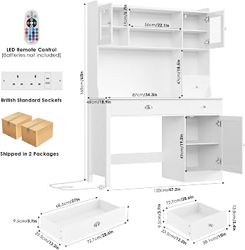 FirFurd Computer Desk with Drawers White Desk with Storage Shelves & Power | Study Table with Power Outlets & USB Ports, Remote Control LED, Dressing Desk, Writing Table, Home Office Wooden 120x48x165cm