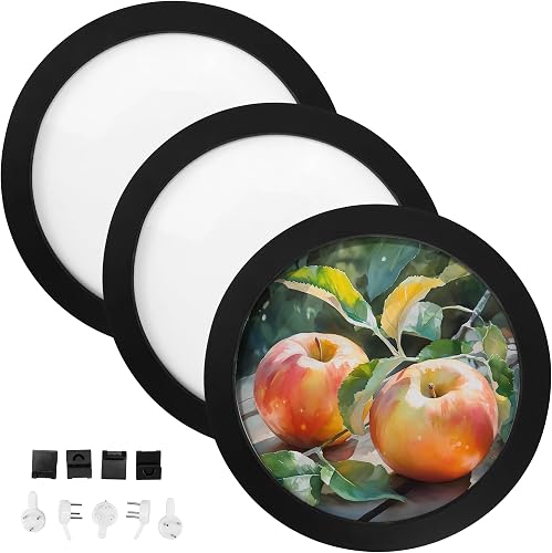 3Pcs Round Picture Frame 8 Inch – Black Wooden Circular Frames for Art, Photo, Canvas, Wall Decor, Tabletop Display or Hanging Mounting Set for Home, Office, Kitchen, Gallery, Wedding Table Holder