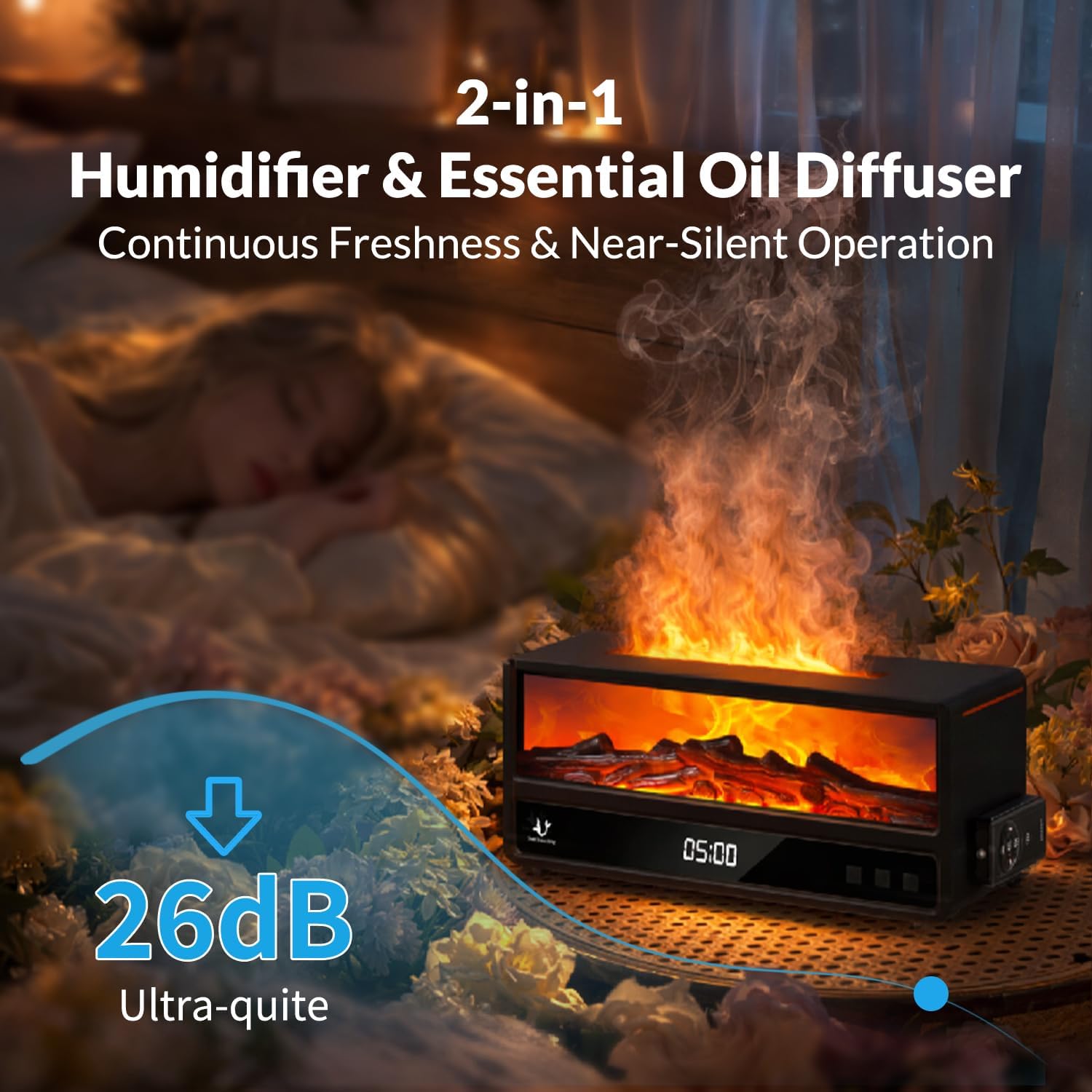 Fireplace Flame Humidifier, 250ml Cool Mist Diffuser with Remote Control, 7-Color LED Night Light, Quiet Aromatherapy Humidifier for Bedroom, Office & Gift (Black)