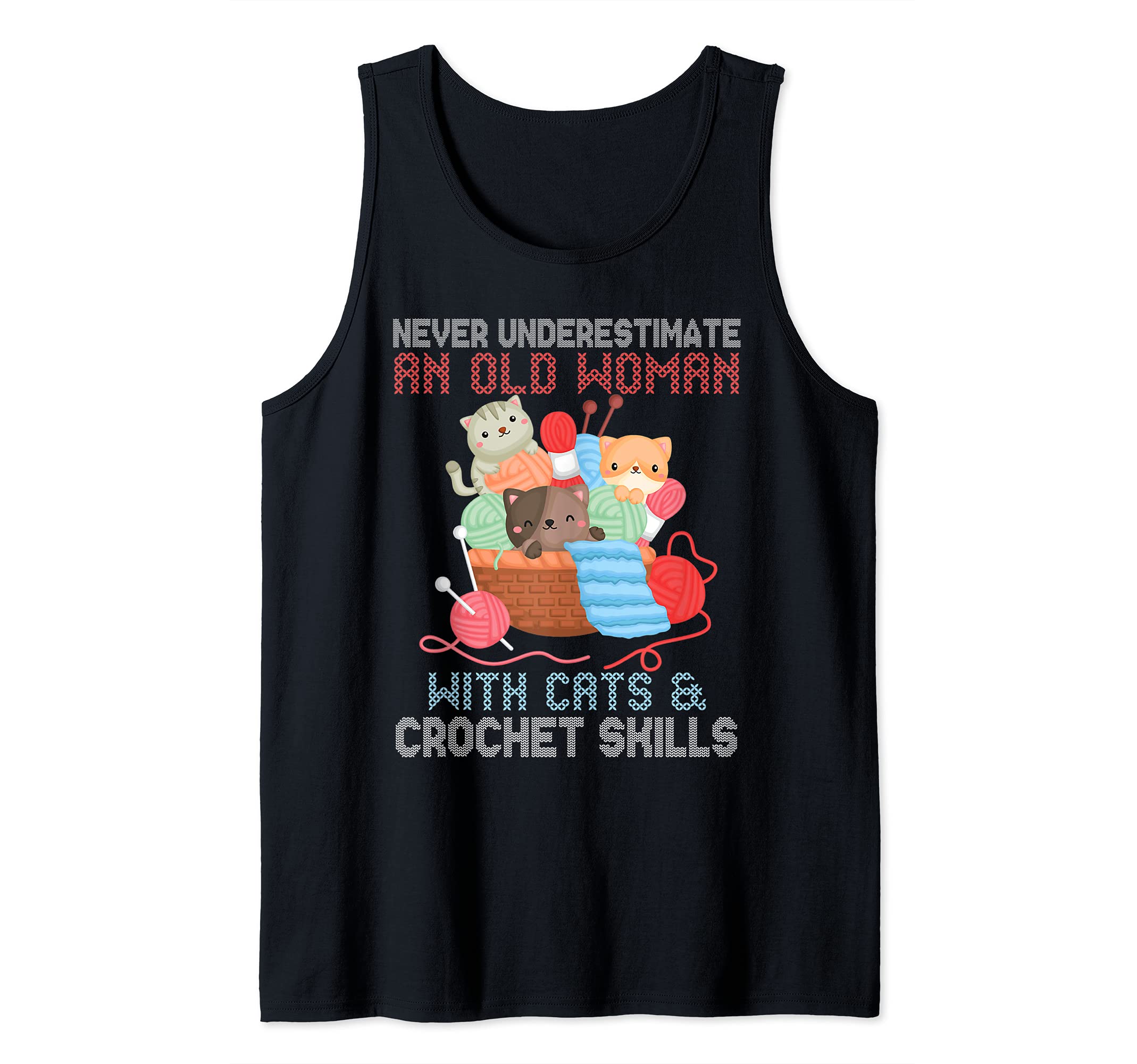 Cats and Crochet Old Woman Design Tank Top, Black