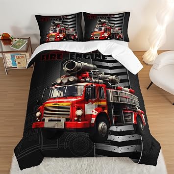Red Fire Truck Toddler Bed Twin Comforter Set for Boys,Fireman Fire Truck Fighting Supplies Bedding for Teens,Black Kids Comforter Sets with 2 Pillowcases.